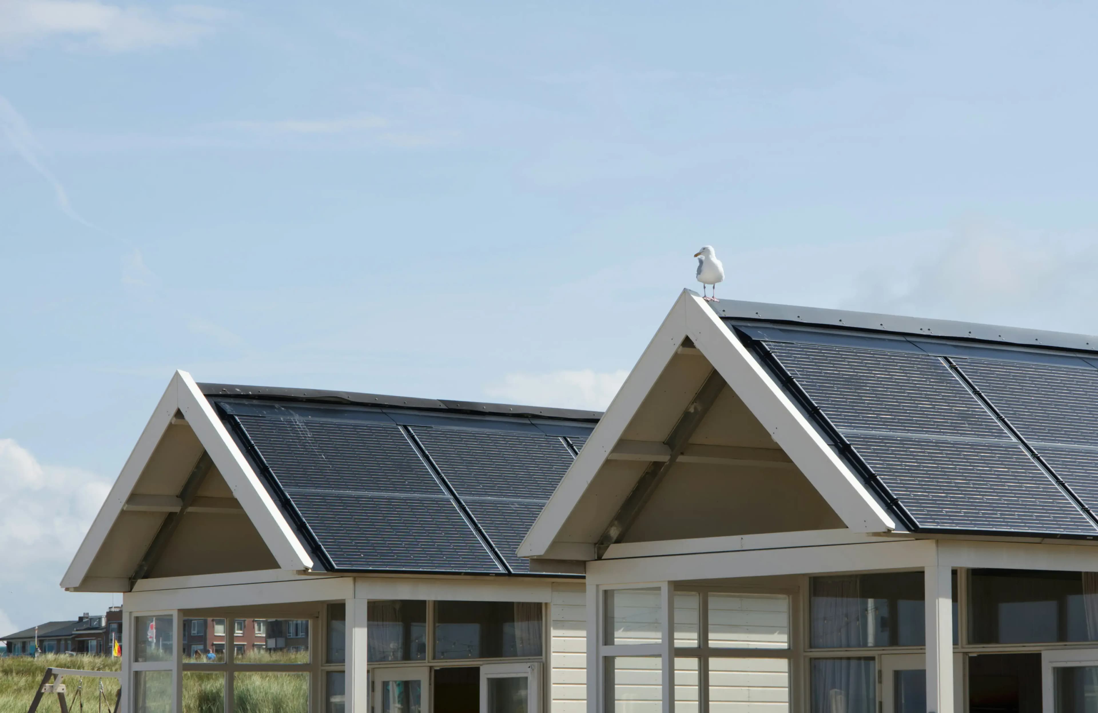 Solar panels mounted on roof showing the sky